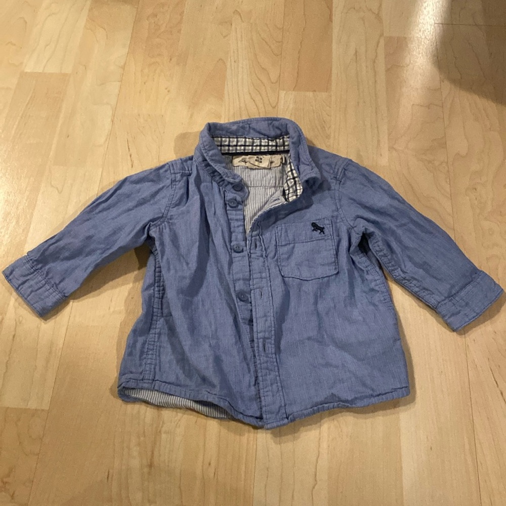 H&M Logo blue long sleeve button down with plaid elbow patches, 4-6 months